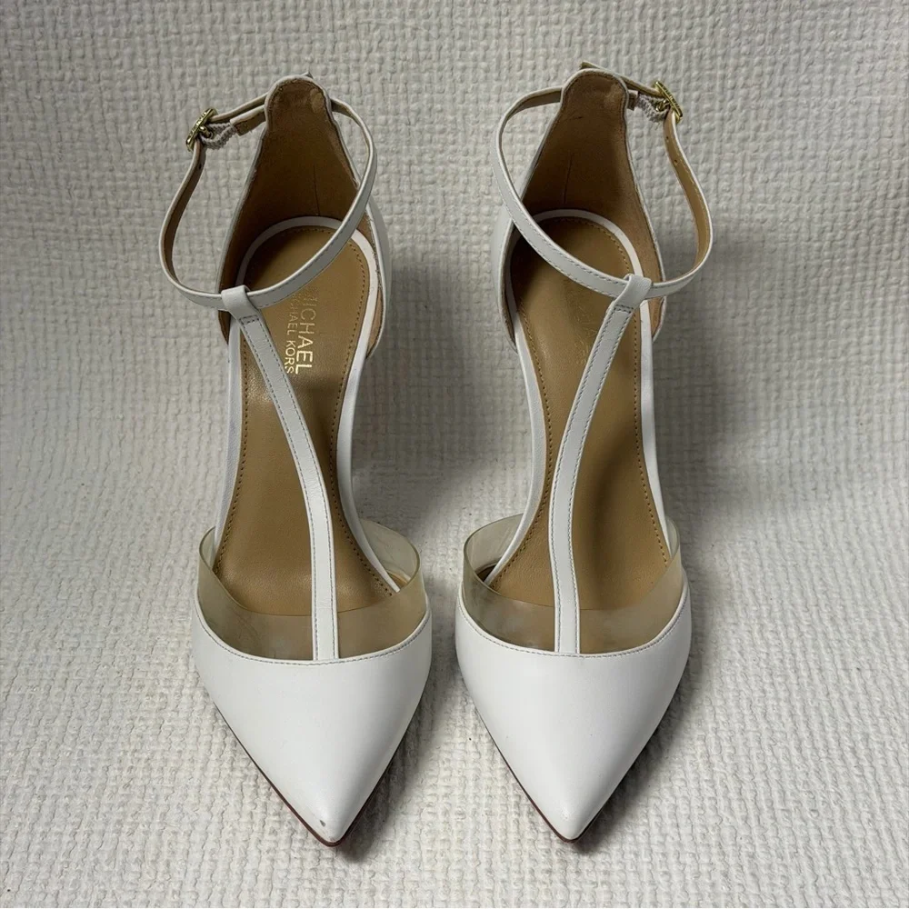 Michael Kors White T-Strap Pointed Toe Stilettos with Clear Panels